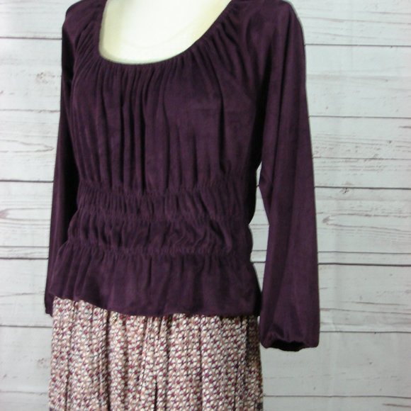 Plum Purple Microsuede Microfiber Long Sleeve Peasant Scoop Neck Top - Picture 2 of 16